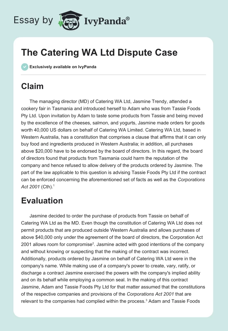 The Catering WA Ltd Dispute Case. Page 1