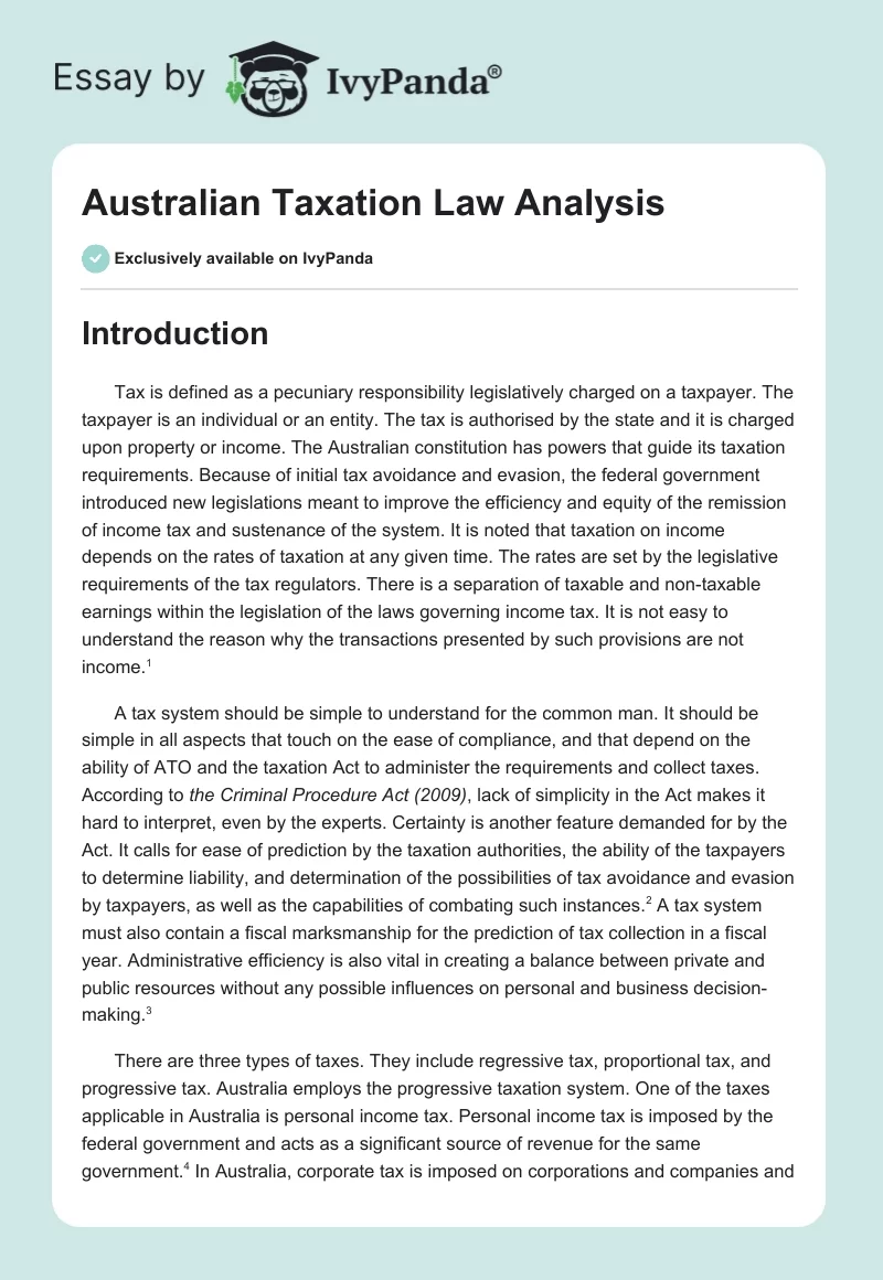 Australian Taxation Law Analysis. Page 1