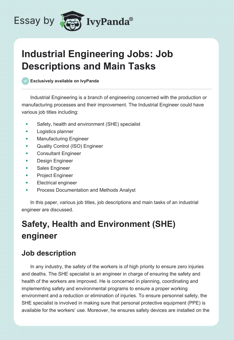 Industrial Engineering Jobs: Job Descriptions and Main Tasks. Page 1