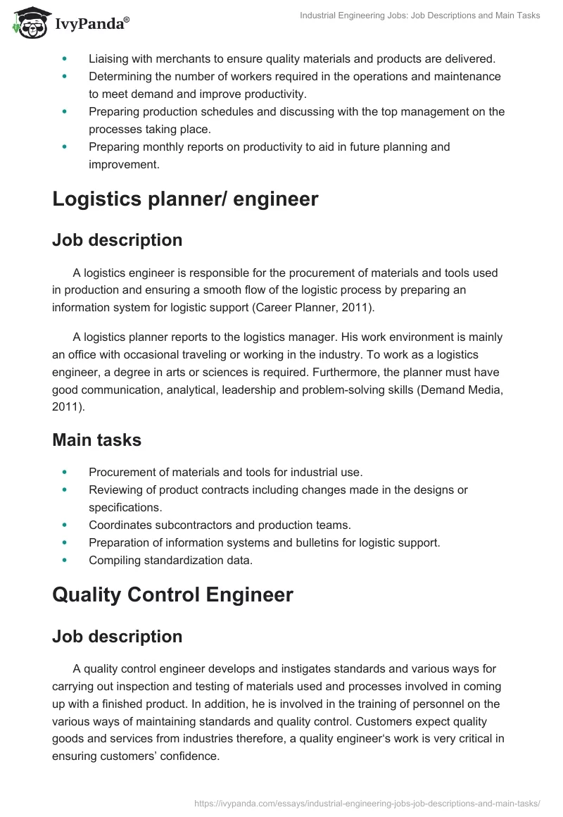 Industrial Engineering Jobs: Job Descriptions and Main Tasks. Page 3