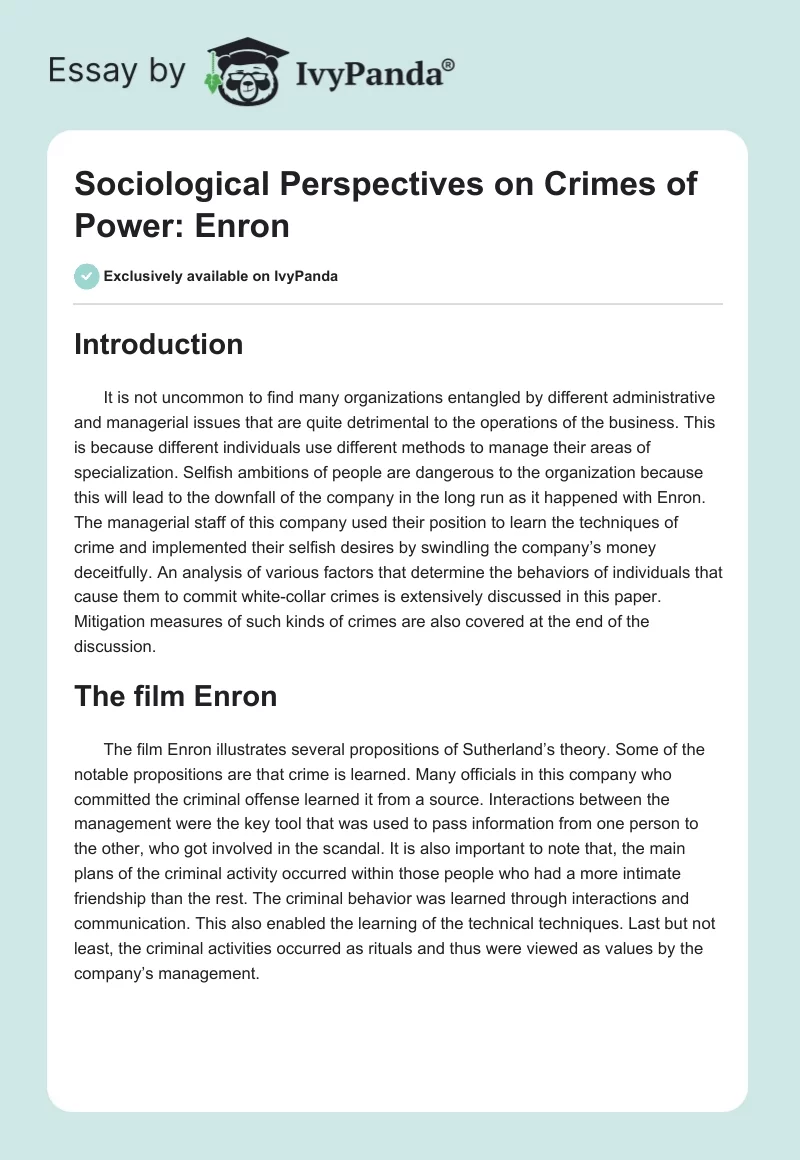 Sociological Perspectives on Crimes of Power: Enron. Page 1