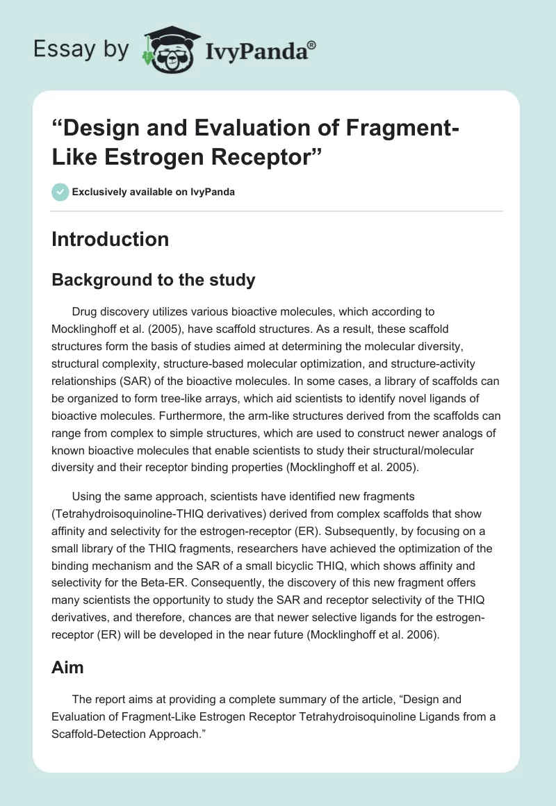 “Design and Evaluation of Fragment-Like Estrogen Receptor”. Page 1