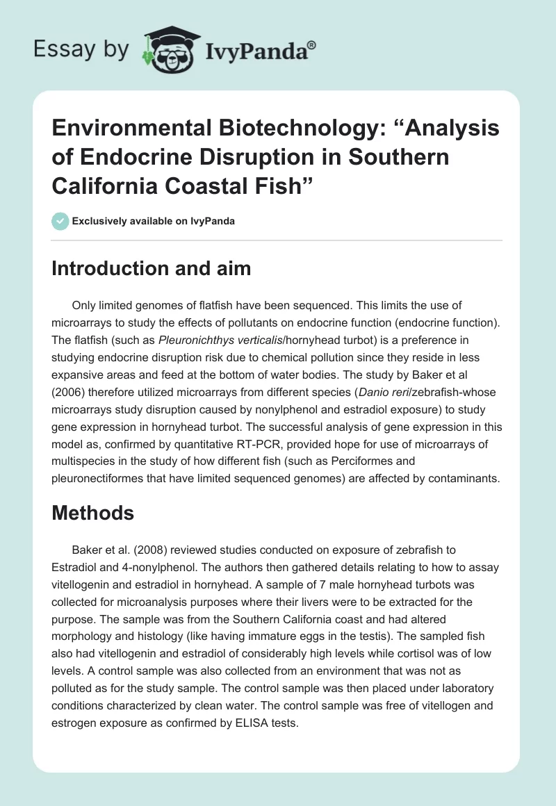 Environmental Biotechnology: “Analysis of Endocrine Disruption in Southern California Coastal Fish”. Page 1