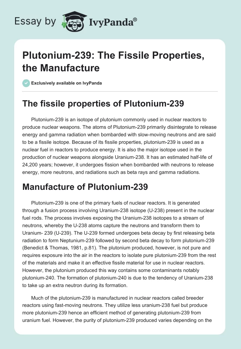 Plutonium-239: The Fissile Properties, the Manufacture. Page 1
