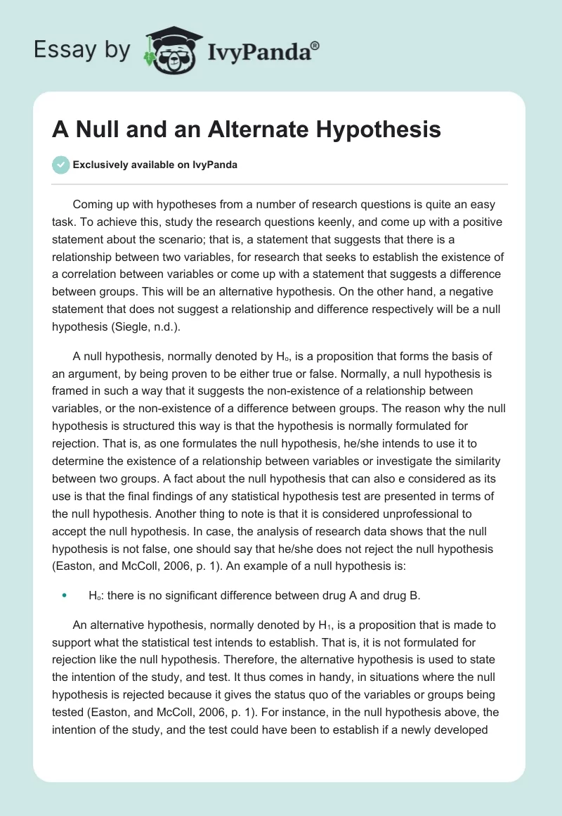 null and alternative hypothesis essay
