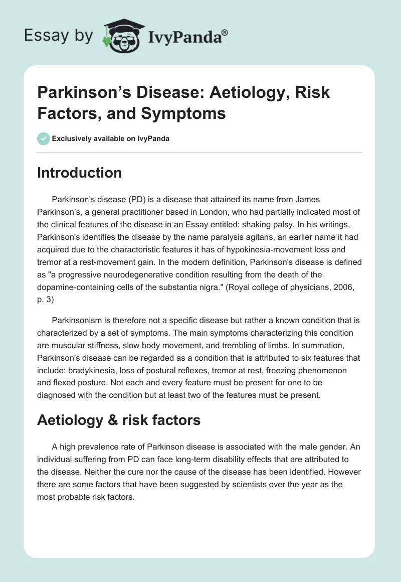 Parkinson’s Disease: Aetiology, Risk Factors, and Symptoms. Page 1