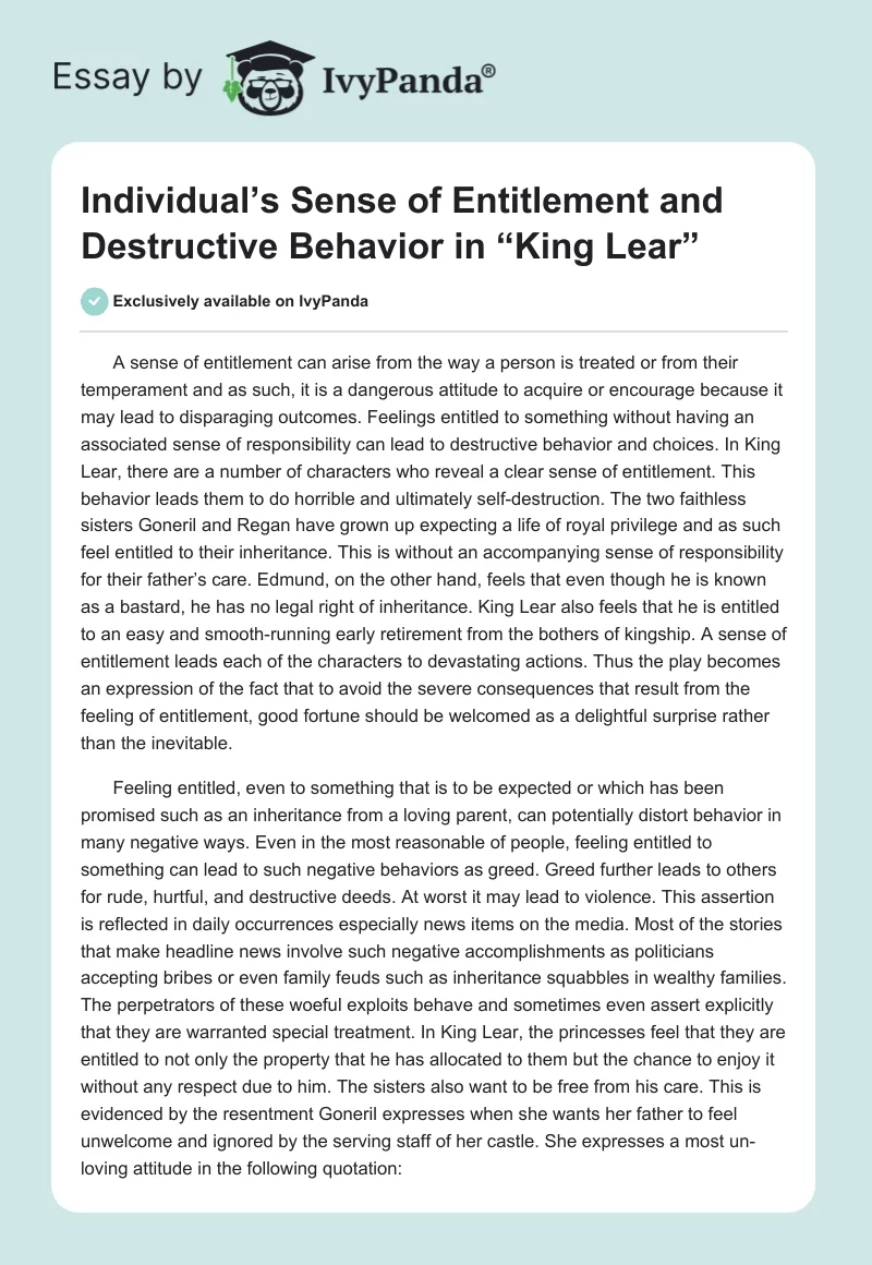Individual’s Sense of Entitlement and Destructive Behavior in “King Lear”. Page 1