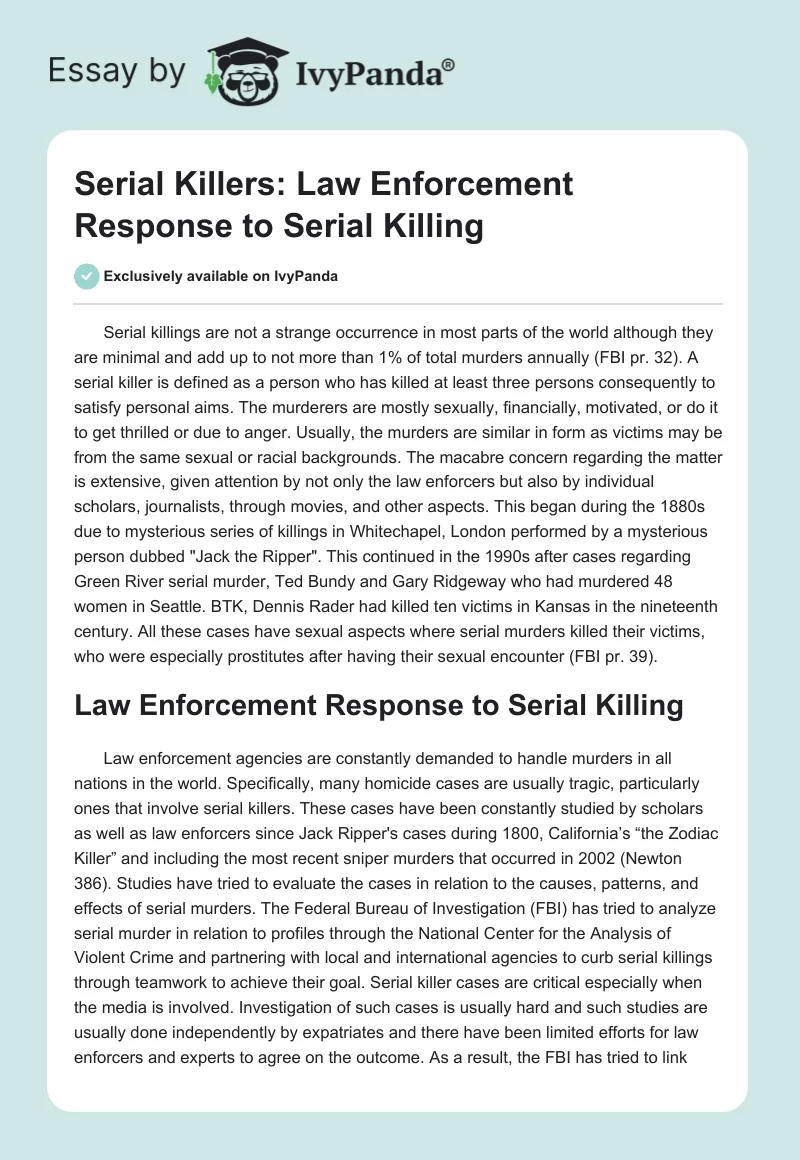 Serial Killers: Law Enforcement Response to Serial Killing. Page 1