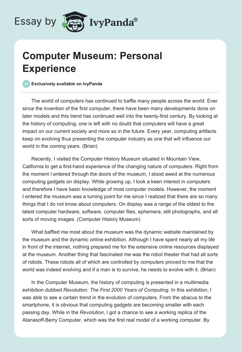 Computer Museum: Personal Experience. Page 1