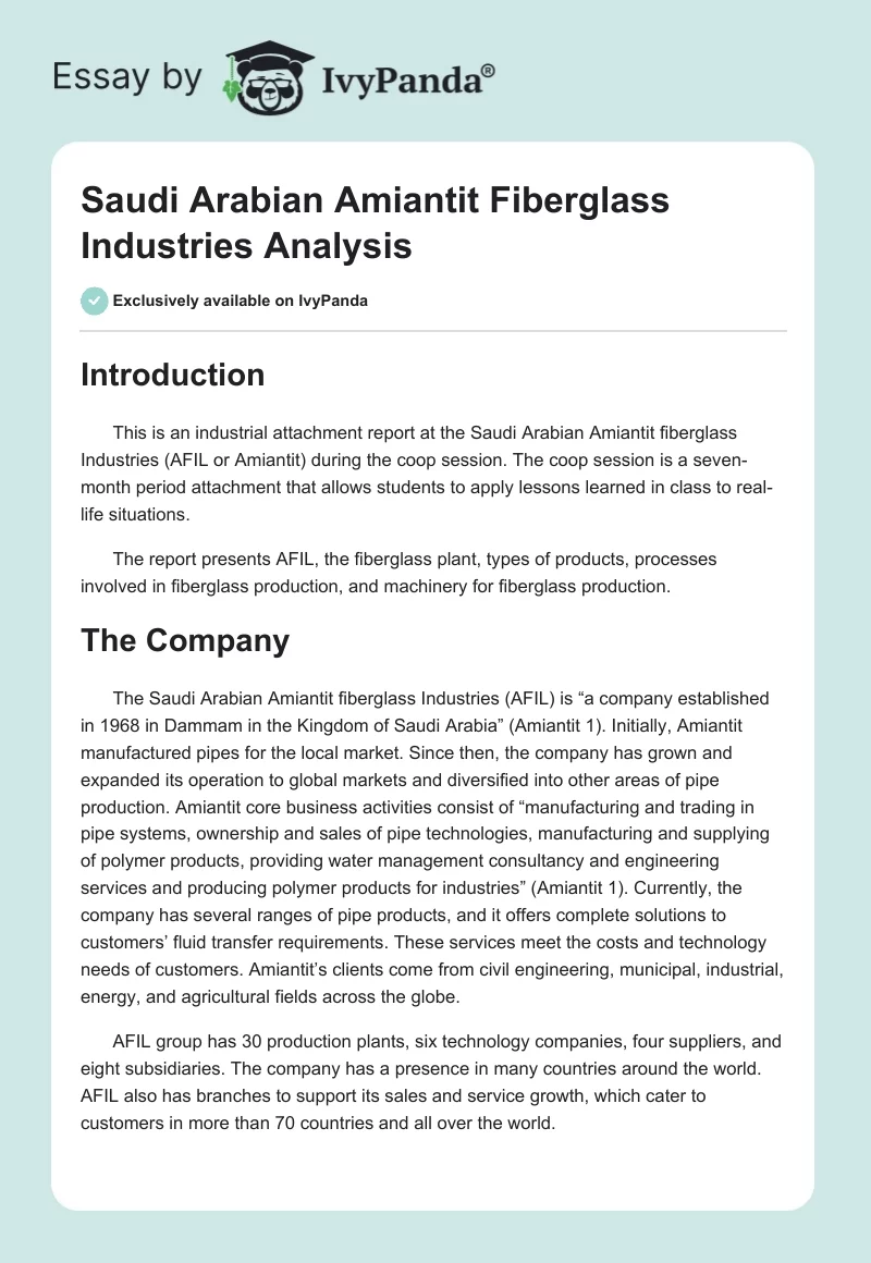 Saudi Arabian Amiantit Fiberglass Industries Analysis. Page 1