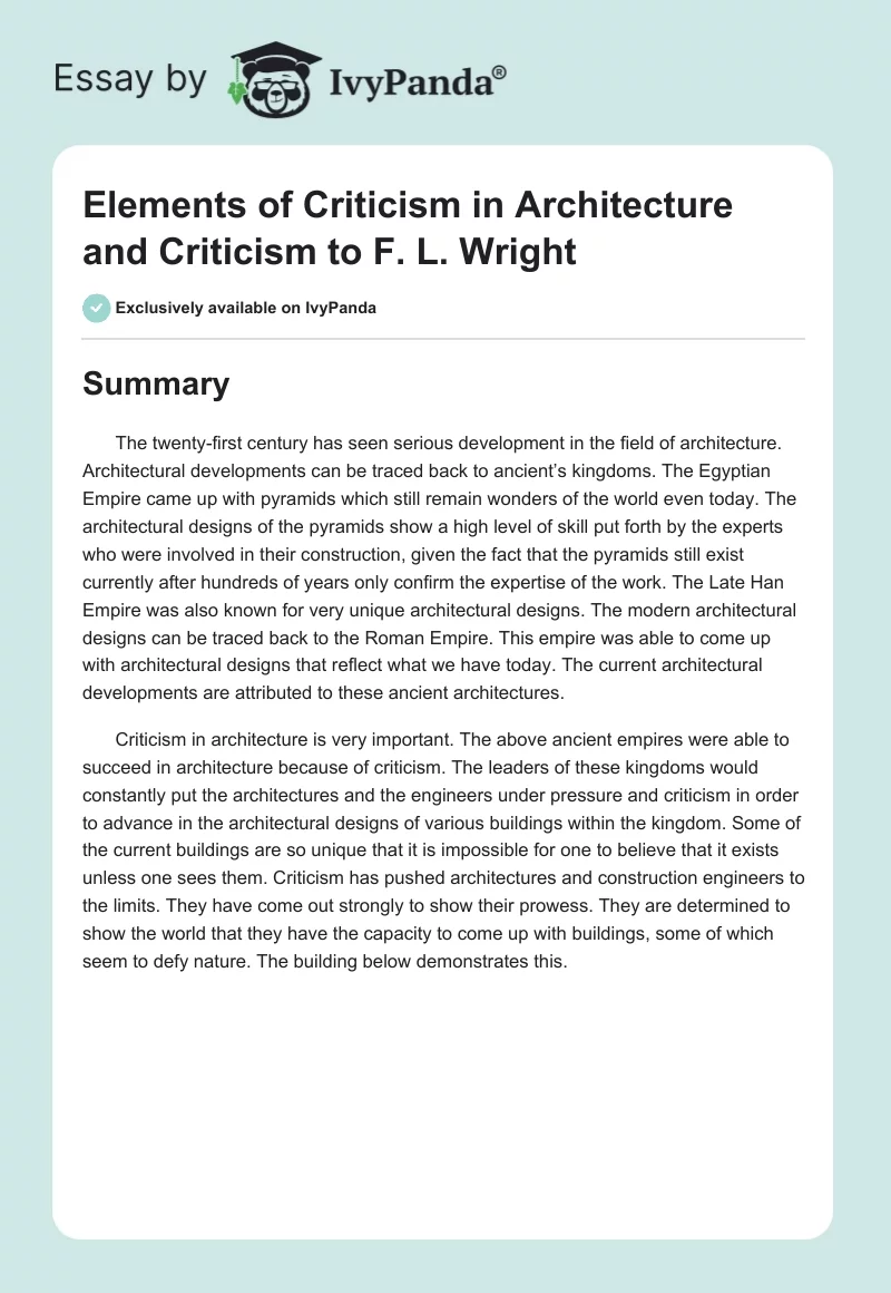 Elements of Criticism in Architecture and Criticism to F. L. Wright. Page 1