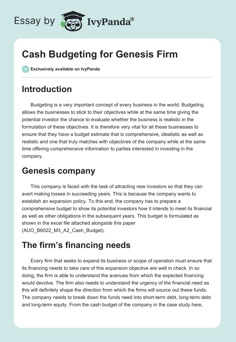 Cash Budgeting for Genesis Firm. Page 1