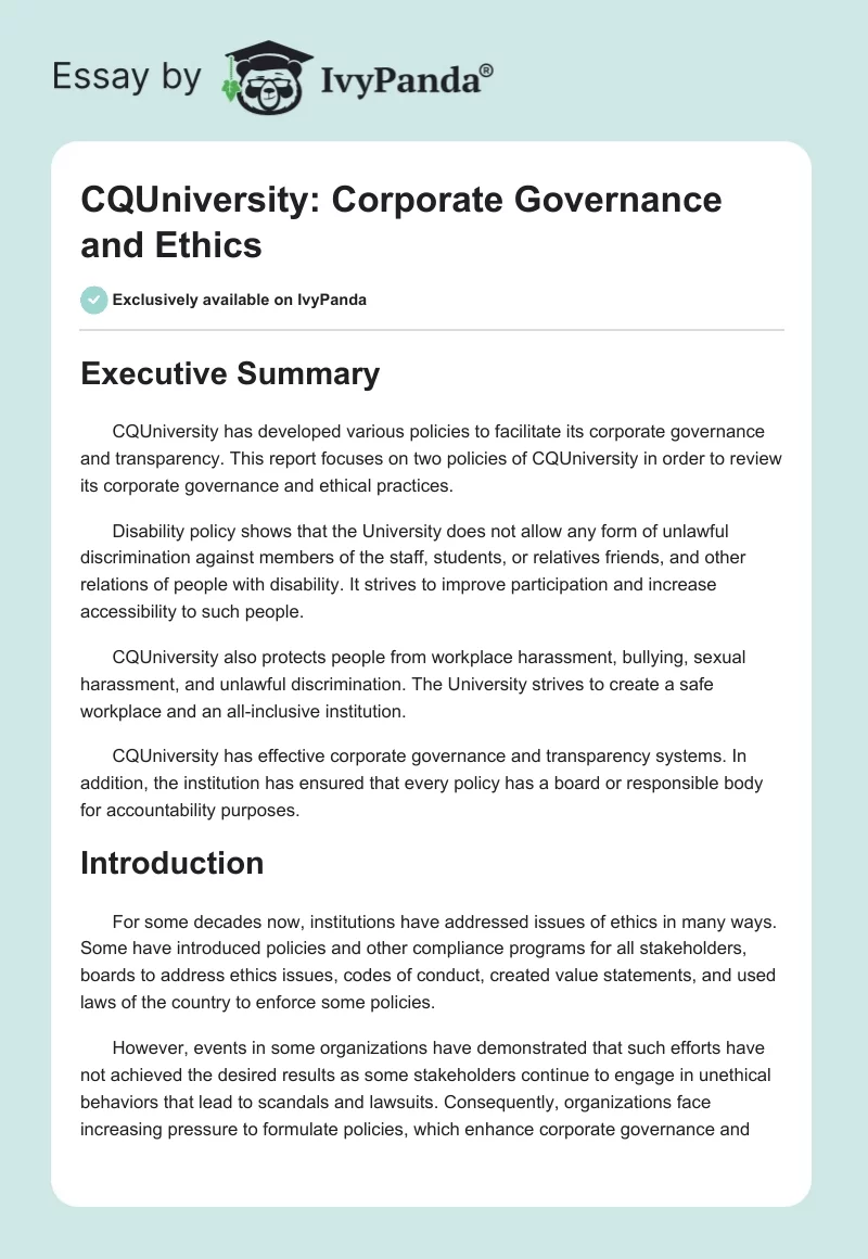 CQUniversity: Corporate Governance and Ethics. Page 1