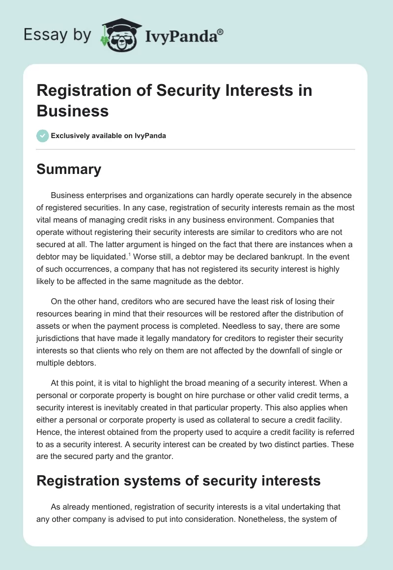 Registration of Security Interests in Business. Page 1