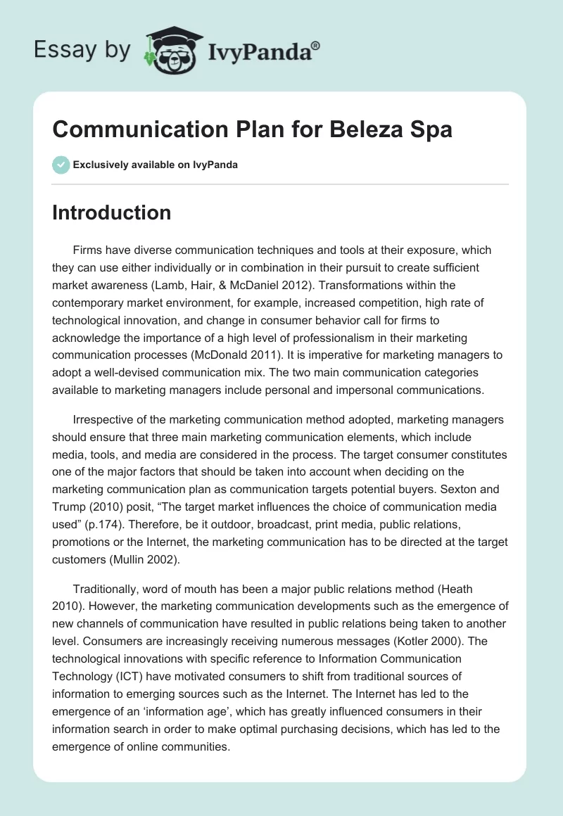 Communication Plan for Beleza Spa. Page 1