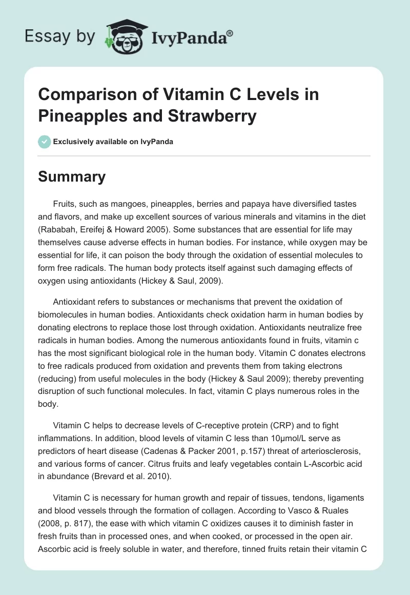 Comparison of Vitamin C Levels in Pineapples and Strawberry. Page 1