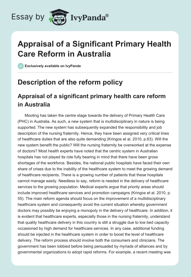 Appraisal of a Significant Primary Health Care Reform in Australia. Page 1