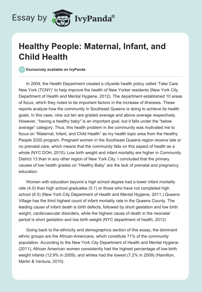 Healthy People: Maternal, Infant, and Child Health. Page 1
