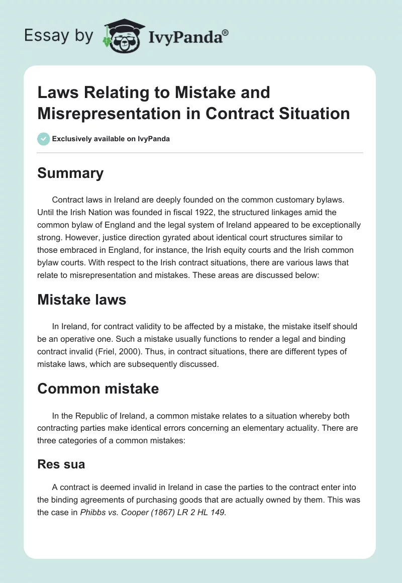 Laws Relating to Mistake and Misrepresentation in Contract Situation. Page 1