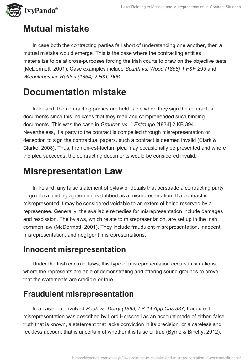 Laws Relating to Mistake and Misrepresentation in Contract Situation. Page 3