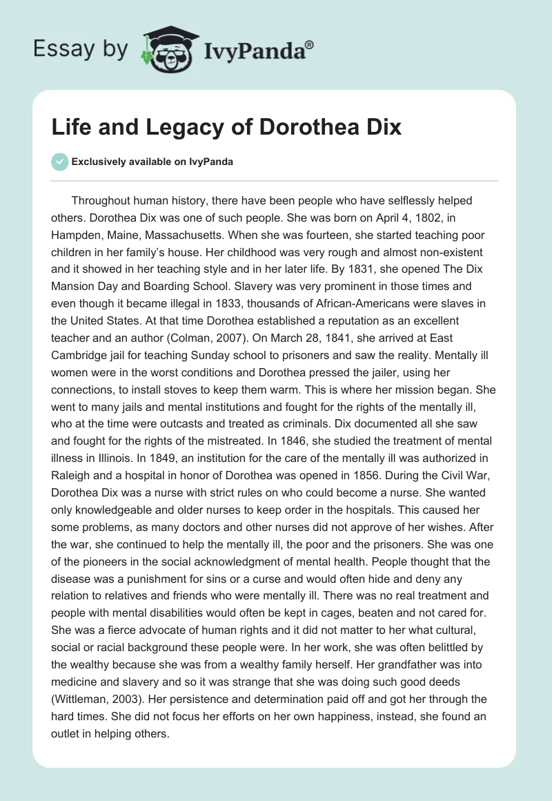Life and Legacy of Dorothea Dix. Page 1