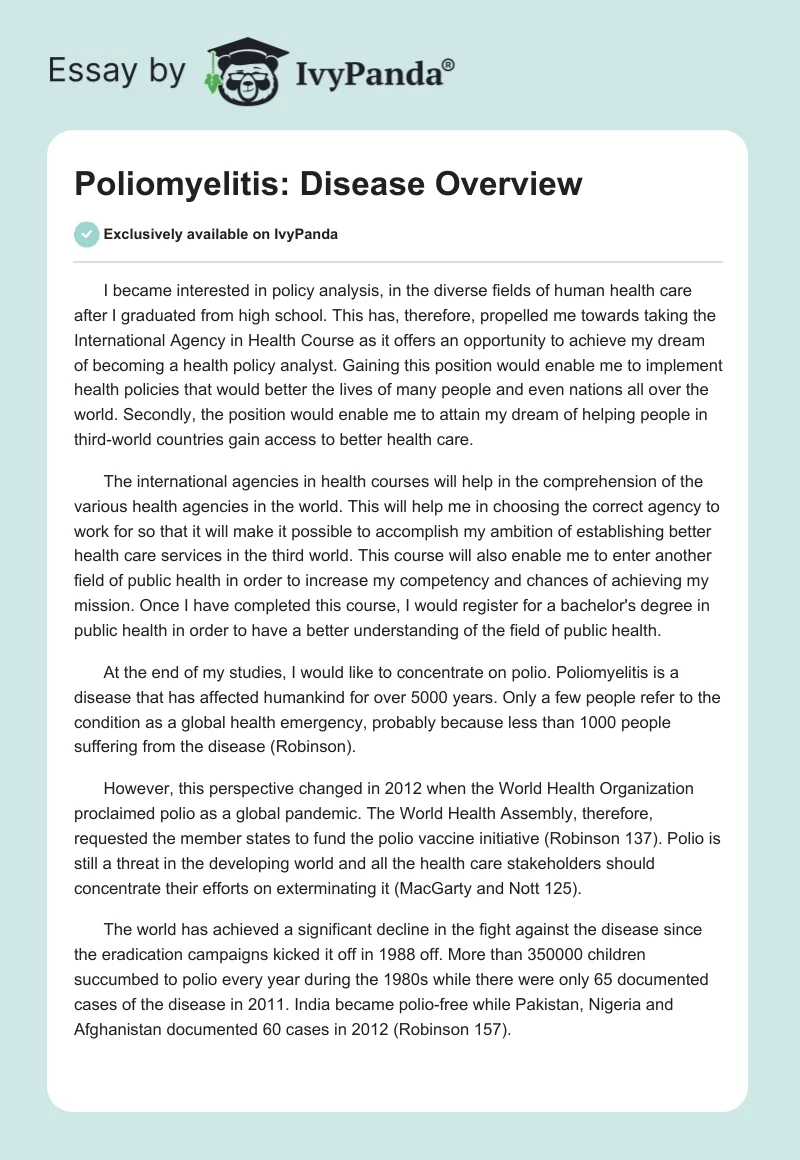 Poliomyelitis: Disease Overview. Page 1