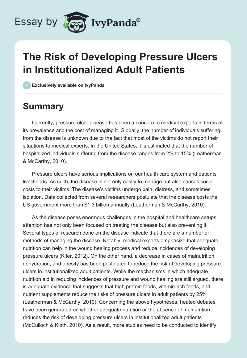 The Risk of Developing Pressure Ulcers in Institutionalized Adult Patients. Page 1