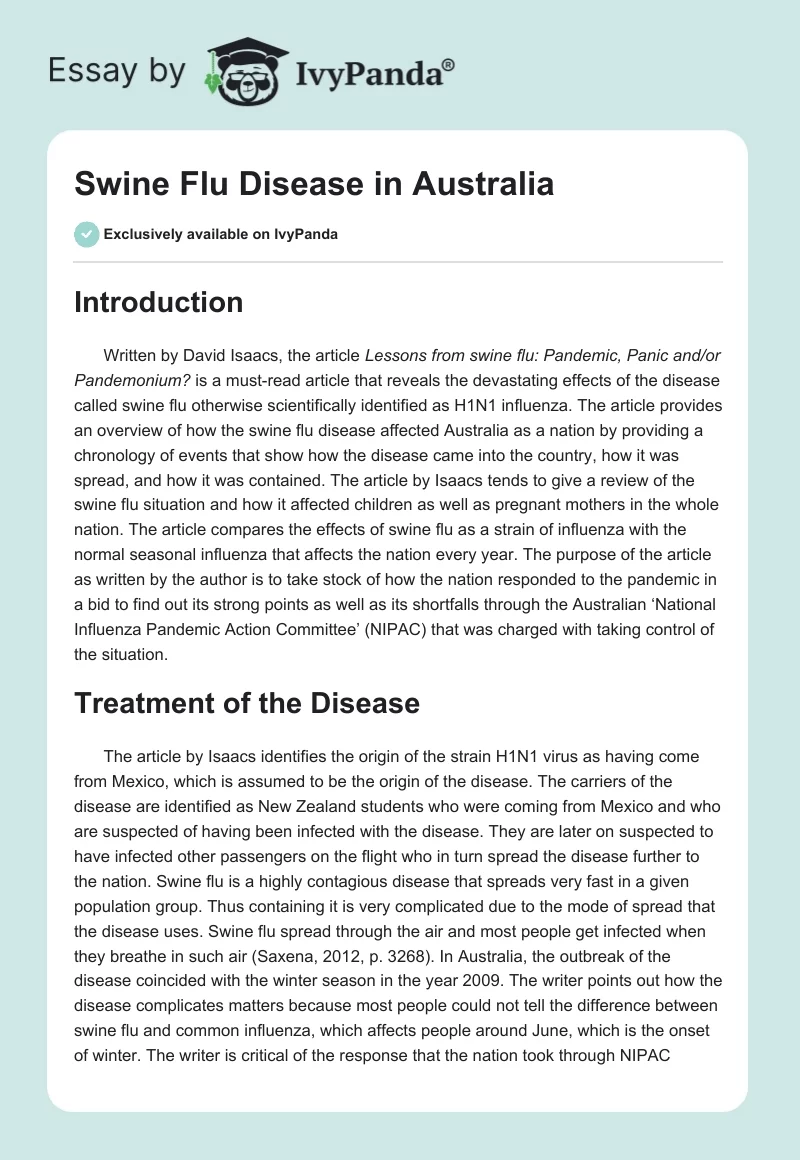 Swine Flu Disease in Australia. Page 1