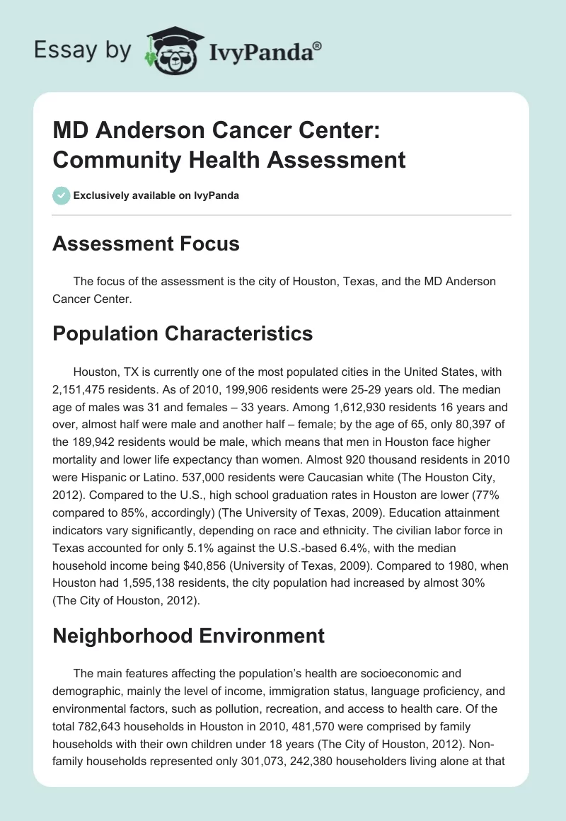 MD Anderson Cancer Center: Community Health Assessment. Page 1