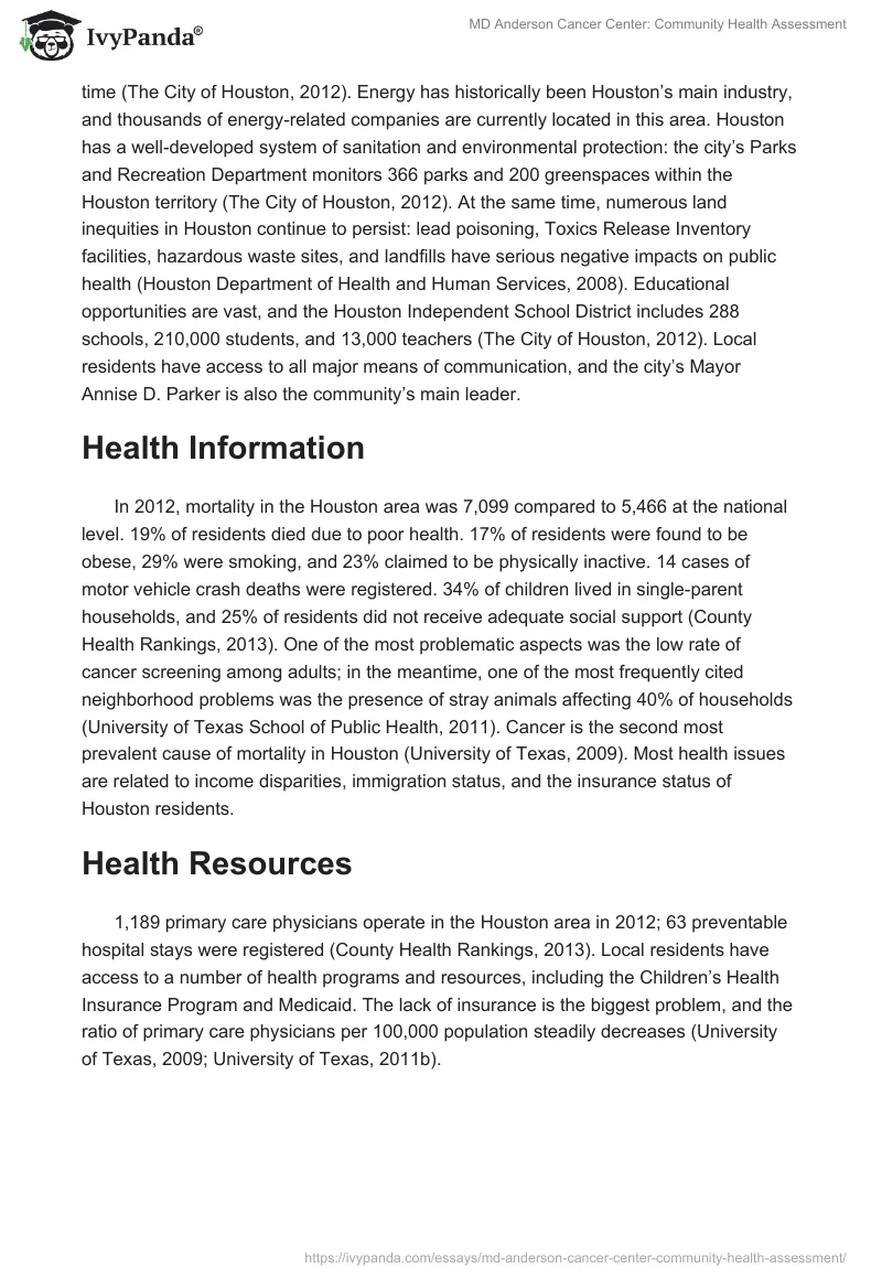 MD Anderson Cancer Center: Community Health Assessment. Page 2