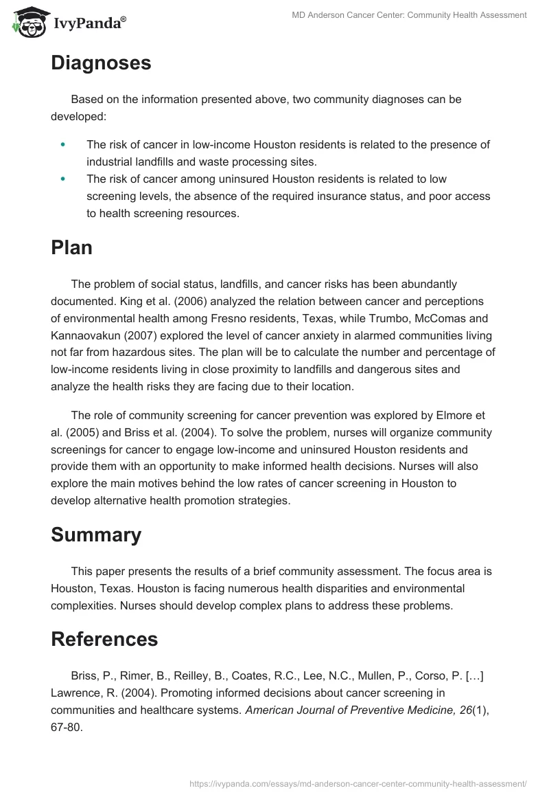 MD Anderson Cancer Center: Community Health Assessment. Page 3