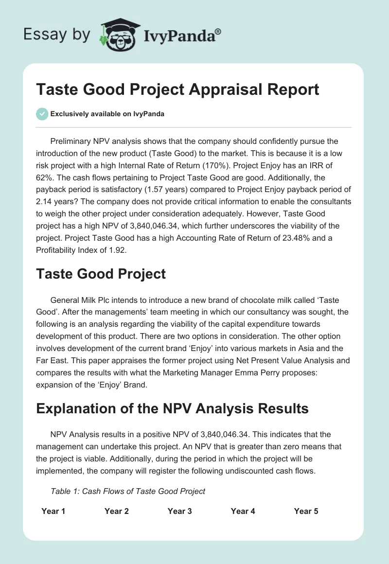 "Taste Good" Project Appraisal Report. Page 1