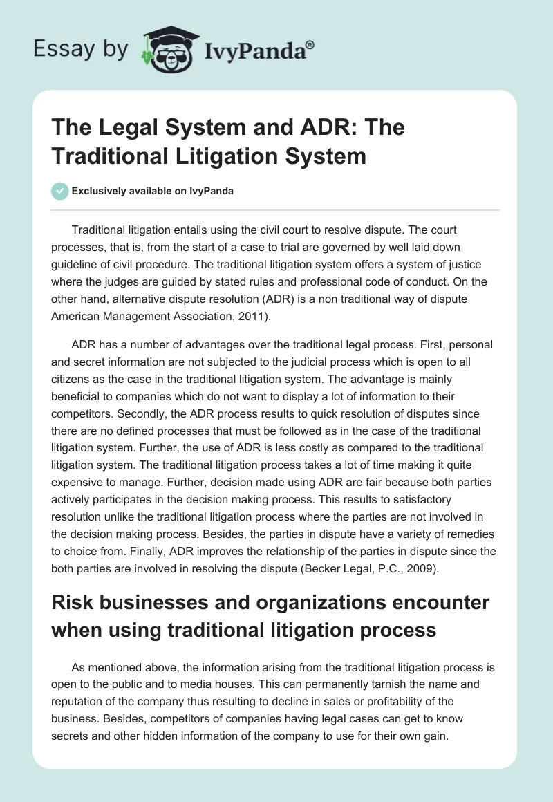 The Legal System and ADR: The Traditional Litigation System. Page 1