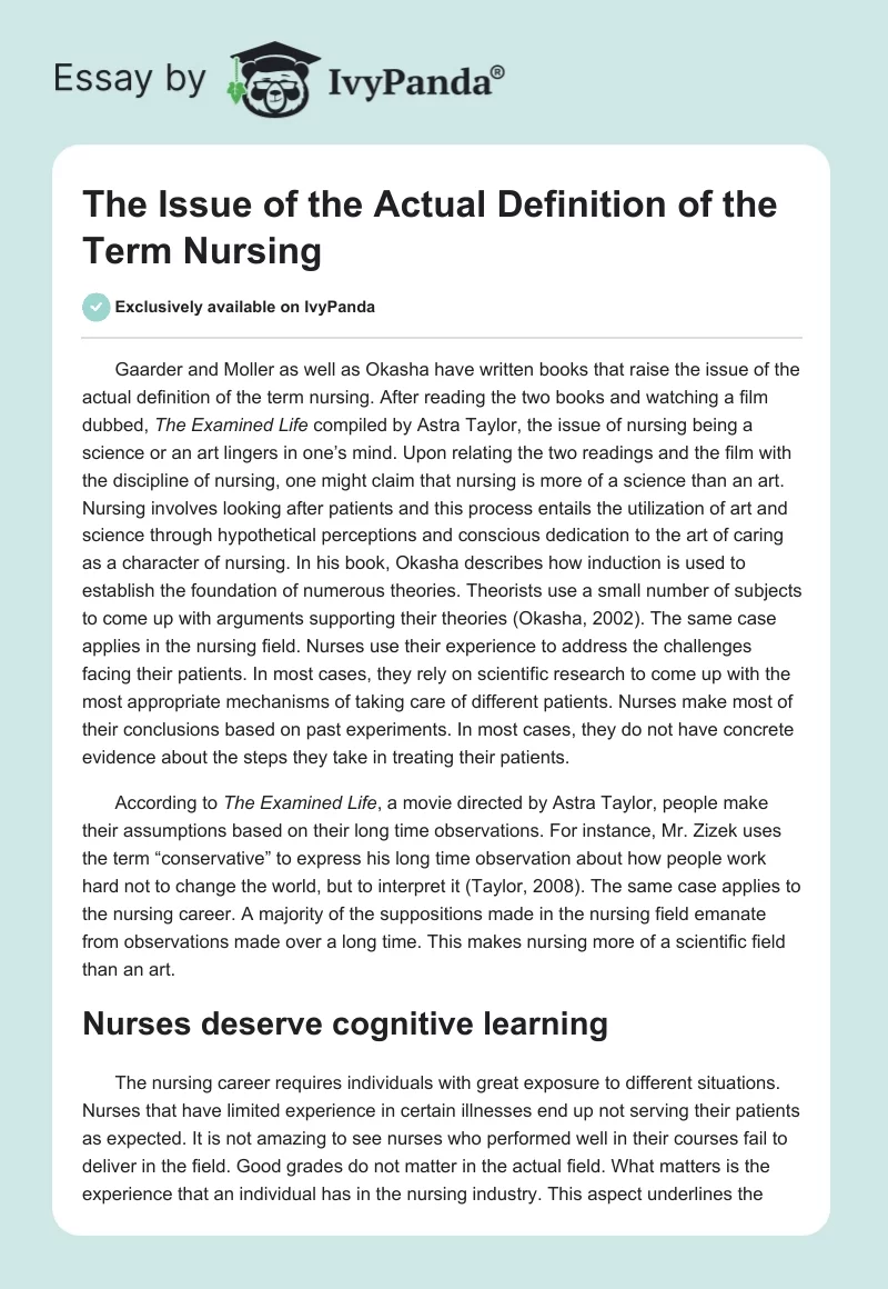 The Issue of the Actual Definition of the Term Nursing. Page 1