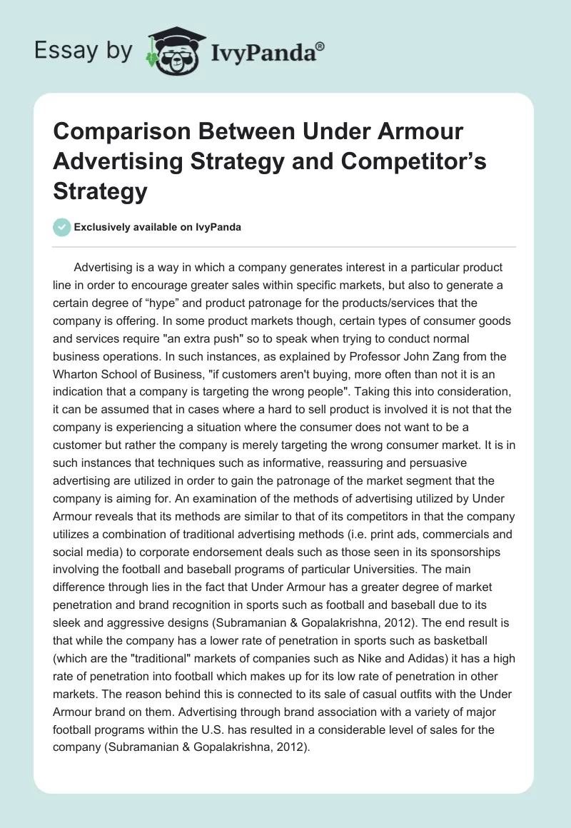 Comparison Between Under Armour Advertising Strategy and Competitor’s Strategy. Page 1