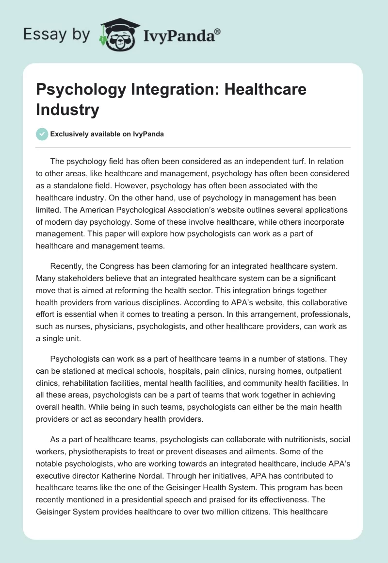 Psychology Integration: Healthcare Industry. Page 1