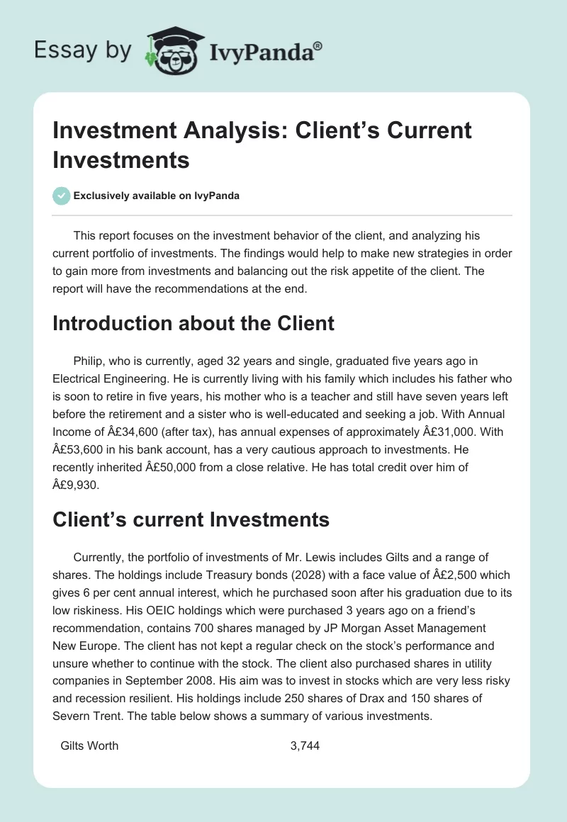 Investment Analysis: Client’s Current Investments. Page 1