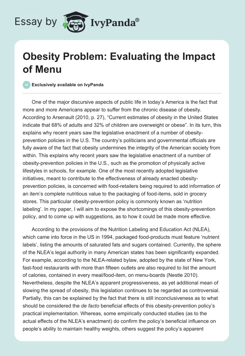 Obesity Problem: Evaluating the Impact of Menu. Page 1
