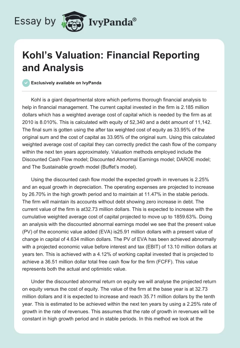 Kohl’s Valuation: Financial Reporting and Analysis. Page 1