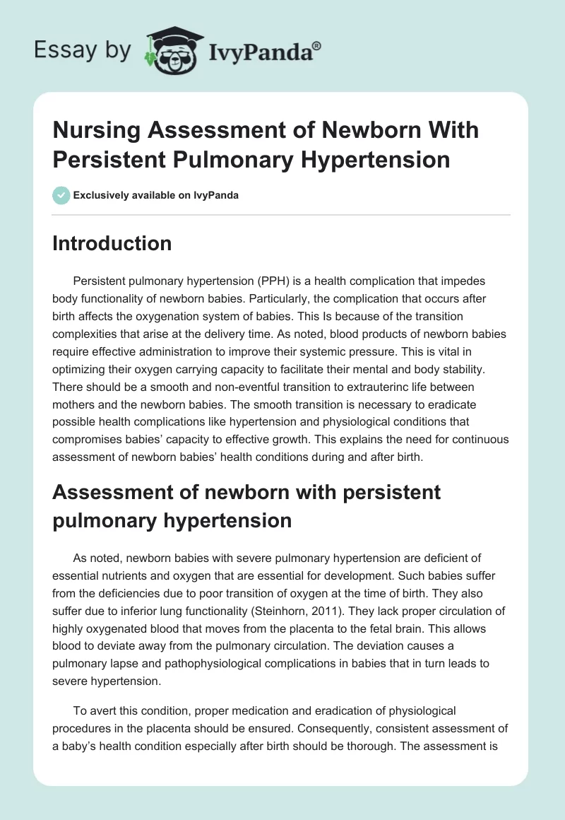 Nursing Assessment of Newborn With Persistent Pulmonary Hypertension. Page 1