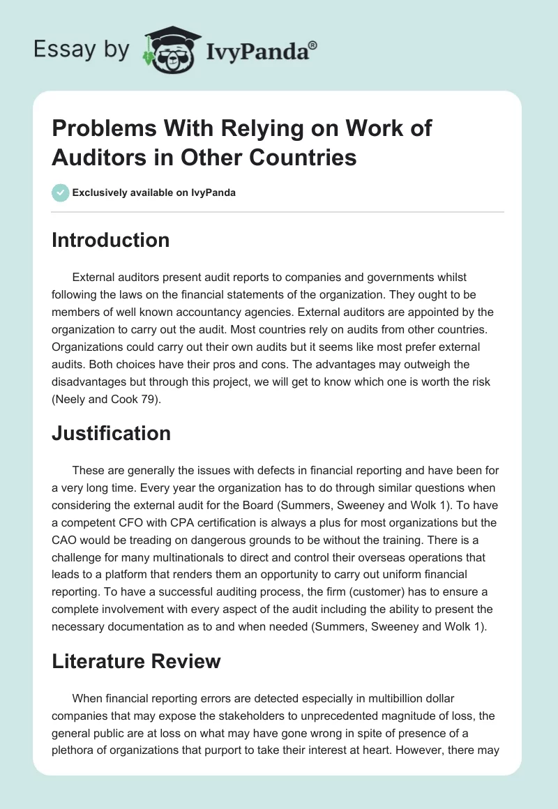 Problems With Relying on Work of Auditors in Other Countries. Page 1