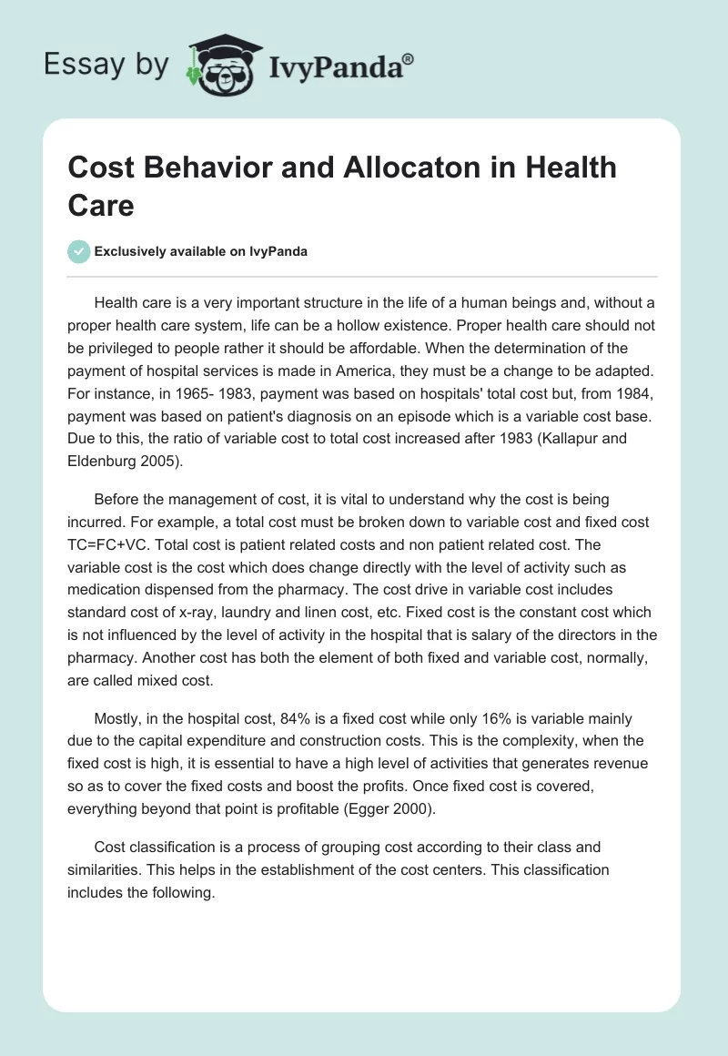 Cost Behavior and Allocaton in Health Care. Page 1
