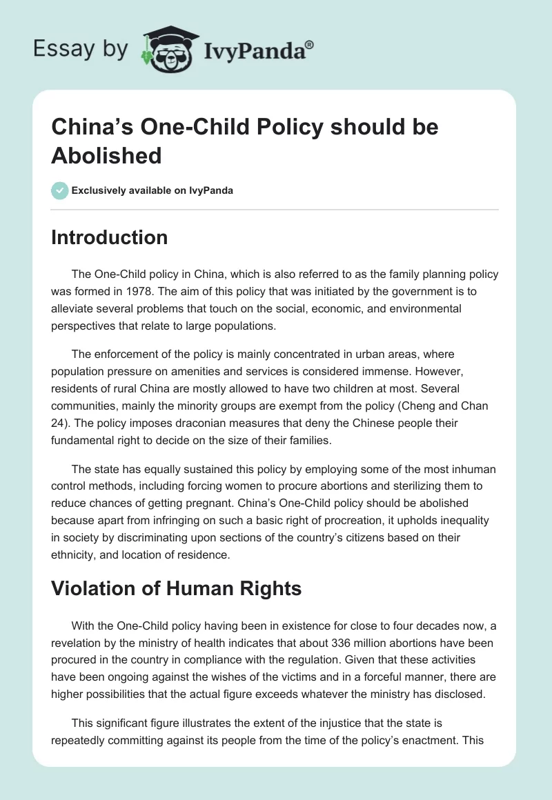 China’s One-Child Policy should be Abolished. Page 1