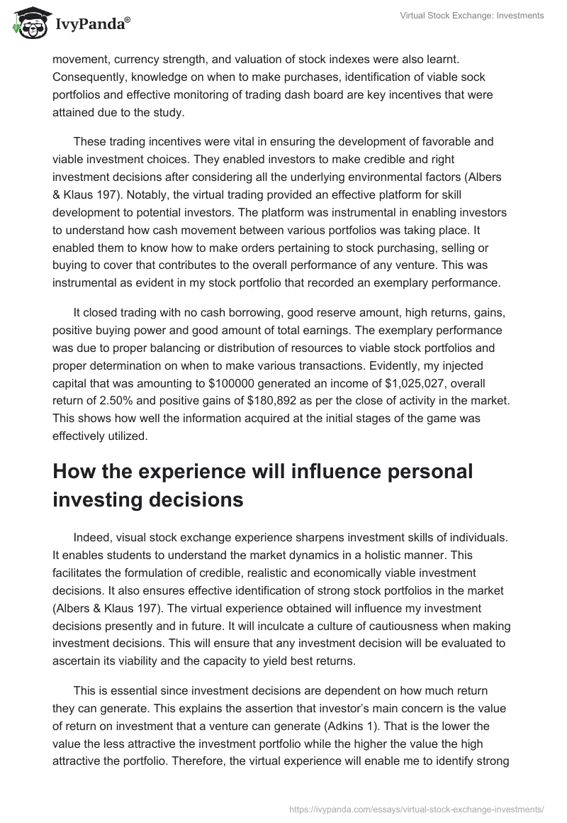 Virtual Stock Exchange: Investments. Page 4