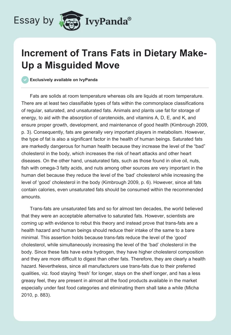 Increment of Trans Fats in Dietary Make-Up a Misguided Move. Page 1