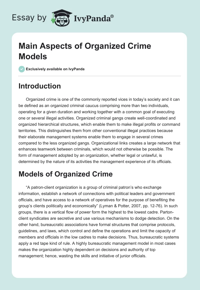 Main Aspects of Organized Crime Models. Page 1