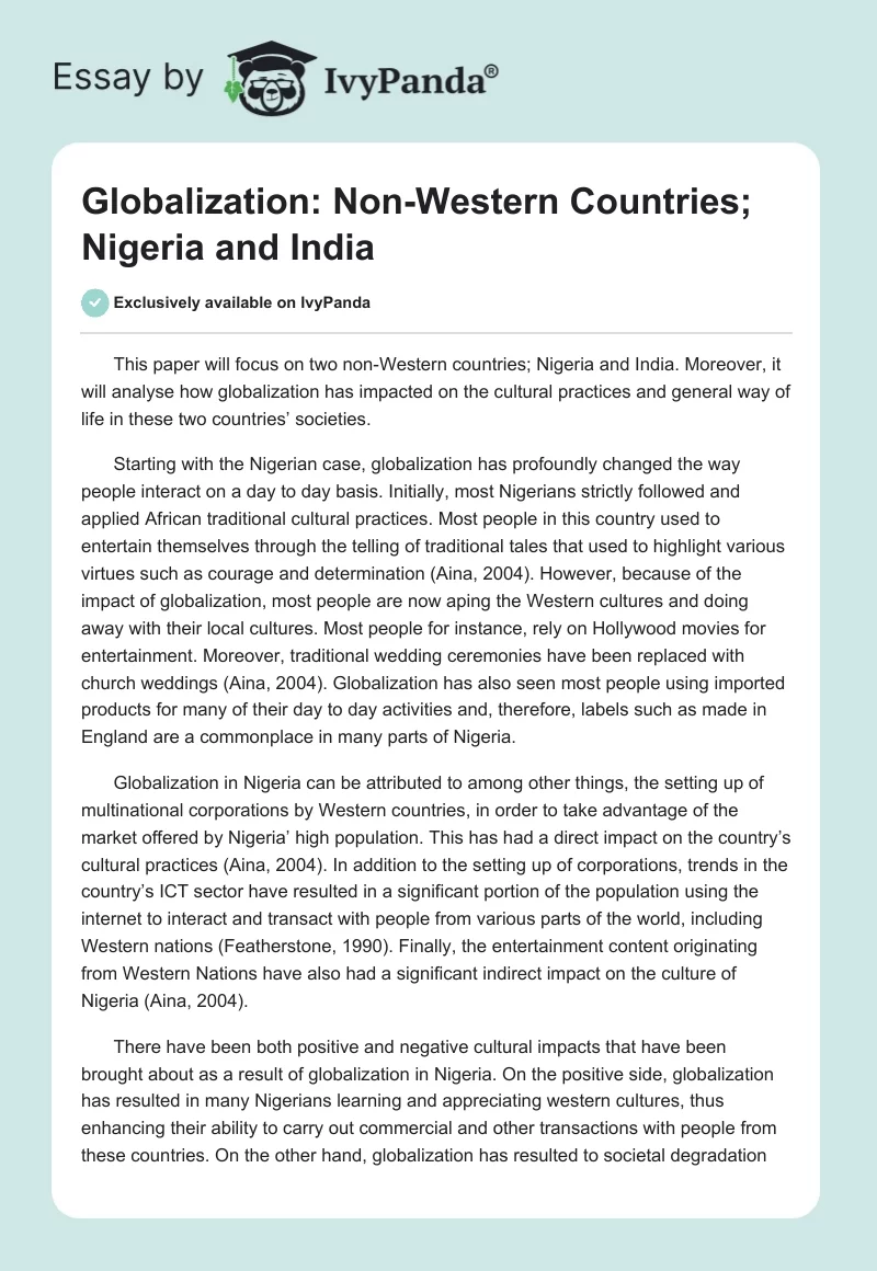 Globalization: Non-Western Countries; Nigeria and India. Page 1
