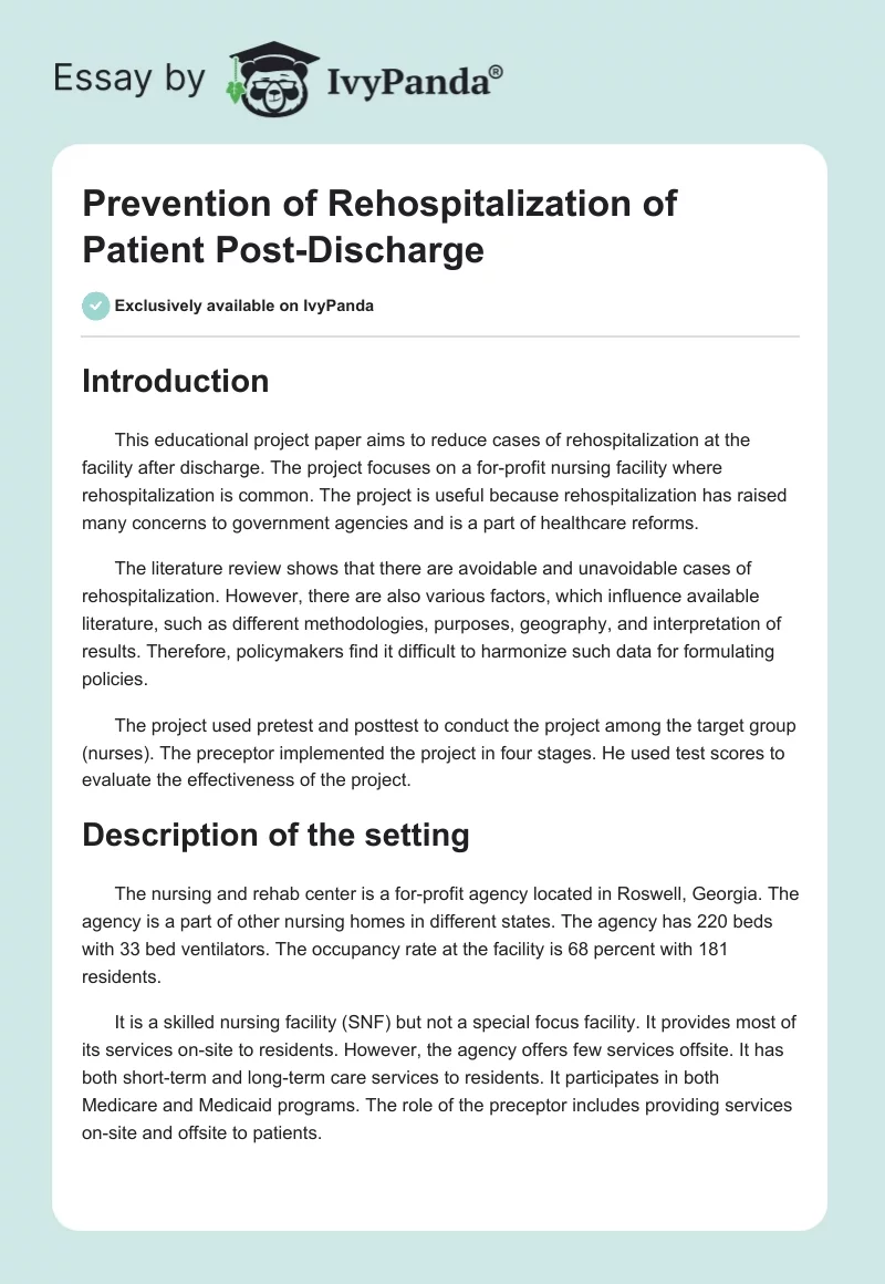 Prevention of Rehospitalization of Patient Post-Discharge. Page 1