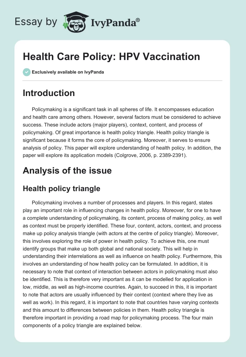 Health Care Policy: HPV Vaccination. Page 1