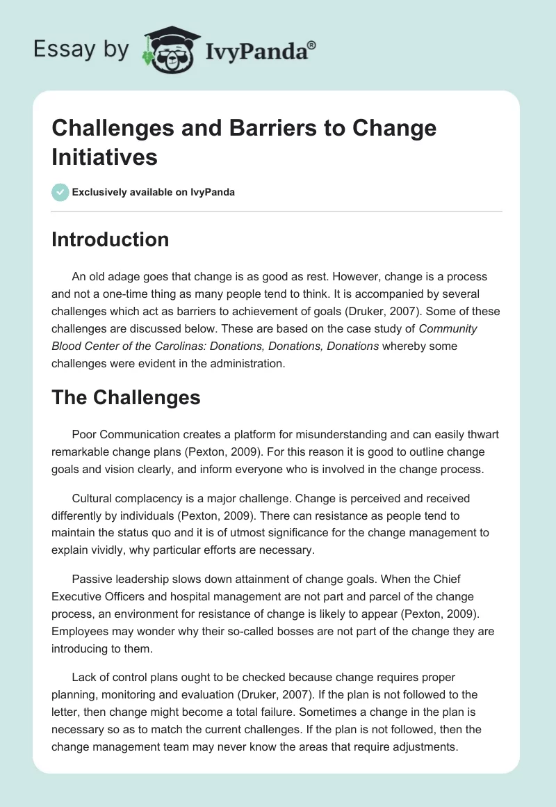 Challenges and Barriers to Change Initiatives. Page 1